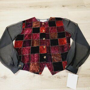 Bedford Fair Lifestyles Womens Patchwork Velvet Blouse Vest Sheer Sleeves Sz 6P